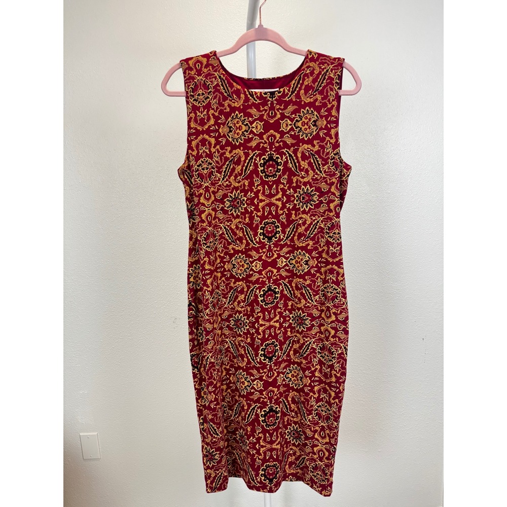 Peruvian Connection Dress L Red Paisley Floral Pima Cotton Sleeveless Sheath